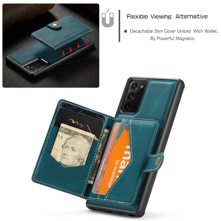 JEEHOOD For Samsung Galaxy Note20 4G/Note20 5G Detachable Leather Coated TPU Case Kickstand Wallet Phone Protective Cover - Green