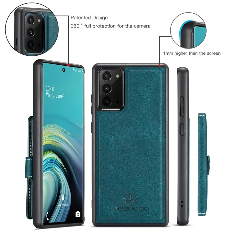 JEEHOOD For Samsung Galaxy Note20 4G/Note20 5G Detachable Leather Coated TPU Case Kickstand Wallet Phone Protective Cover - Green