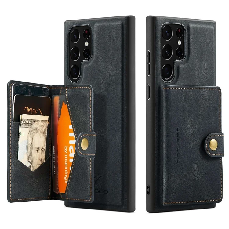 JEEHOOD For Samsung Galaxy S22 Ultra 5G Detachable Leather Coated TPU Case Wallet Kickstand Drop-proof Phone Cover - Black