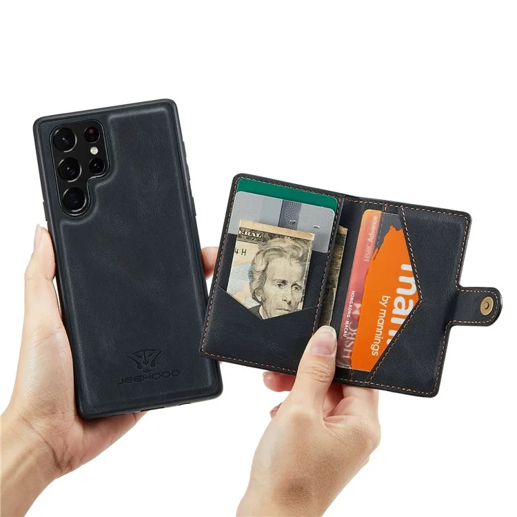 JEEHOOD For Samsung Galaxy S22 Ultra 5G Detachable Leather Coated TPU Case Wallet Kickstand Drop-proof Phone Cover - Black