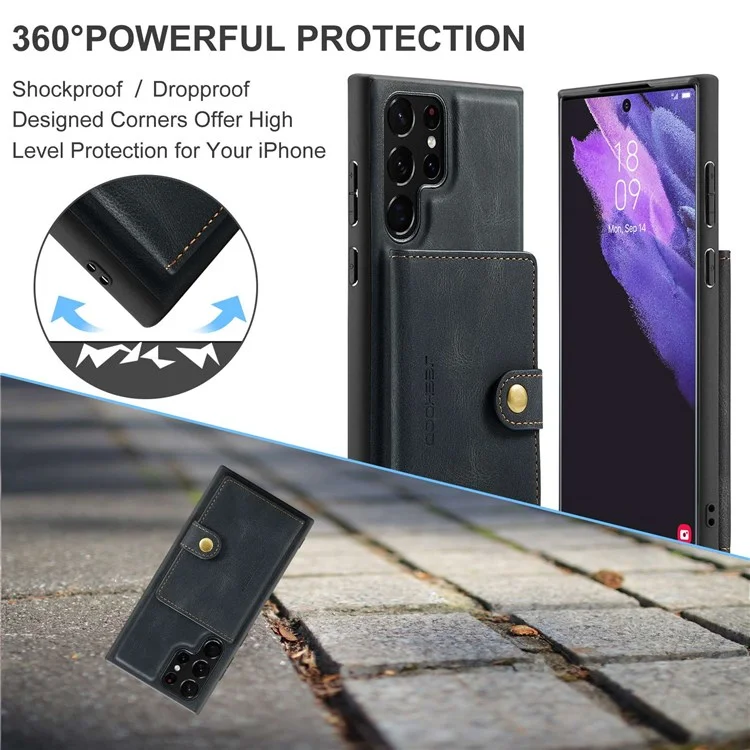 JEEHOOD For Samsung Galaxy S22 Ultra 5G Detachable Leather Coated TPU Case Wallet Kickstand Drop-proof Phone Cover - Black