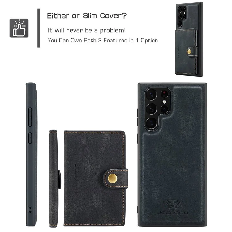 JEEHOOD For Samsung Galaxy S22 Ultra 5G Detachable Leather Coated TPU Case Wallet Kickstand Drop-proof Phone Cover - Black