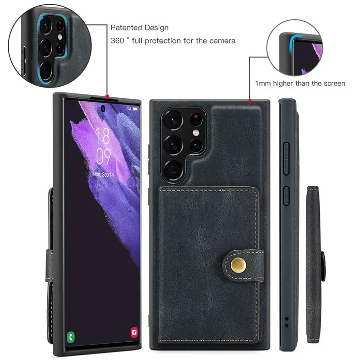 JEEHOOD For Samsung Galaxy S22 Ultra 5G Detachable Leather Coated TPU Case Wallet Kickstand Drop-proof Phone Cover - Black