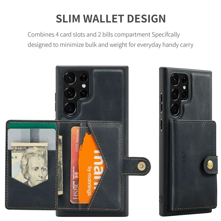 JEEHOOD For Samsung Galaxy S22 Ultra 5G Detachable Leather Coated TPU Case Wallet Kickstand Drop-proof Phone Cover - Black