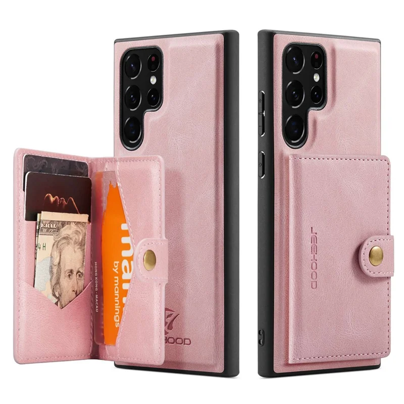 JEEHOOD For Samsung Galaxy S22 Ultra 5G Detachable Leather Coated TPU Case Wallet Kickstand Drop-proof Phone Cover - Rose Gold