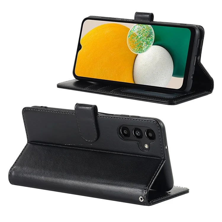 For Samsung Galaxy A13 5G / A04s 4G (164.7 x 76.7 x 9.1 mm) PU Leather R61 Texture Felled Seam Shockproof Phone Case Stand Function Soft TPU Inner Magnetic Flip Cover - Black