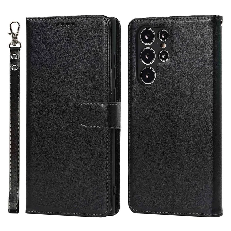 For Samsung Galaxy S22 Ultra 5G Wallet Case R61 Texture Felled Seam PU Leather Anti-Fall Stand Magnetic Phone Cover with Wrist Strap - Black