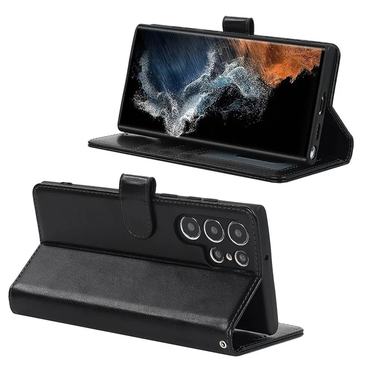 For Samsung Galaxy S22 Ultra 5G Wallet Case R61 Texture Felled Seam PU Leather Anti-Fall Stand Magnetic Phone Cover with Wrist Strap - Black