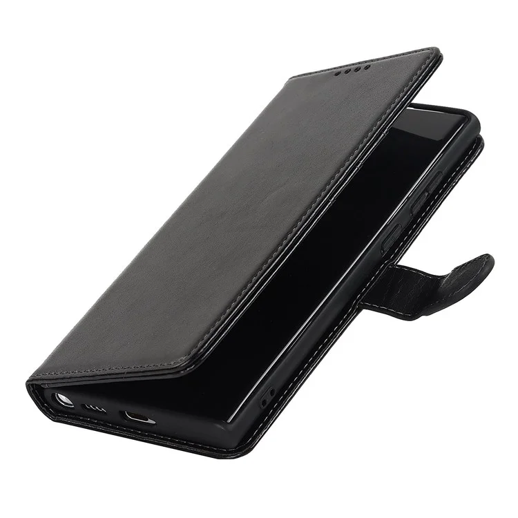 For Samsung Galaxy S22 Ultra 5G Wallet Case R61 Texture Felled Seam PU Leather Anti-Fall Stand Magnetic Phone Cover with Wrist Strap - Black