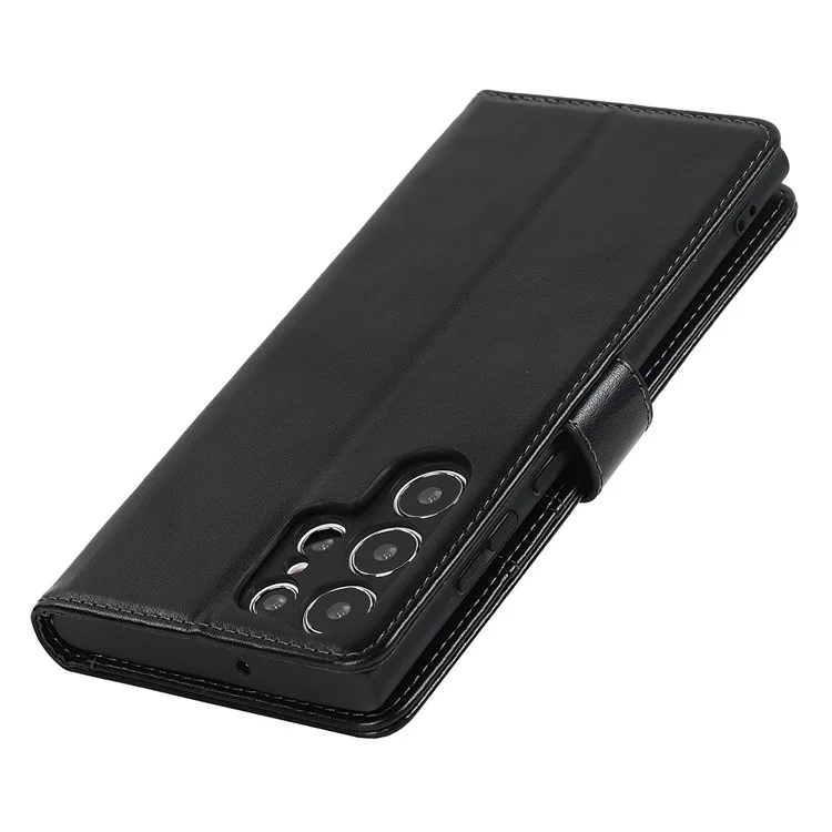 For Samsung Galaxy S22 Ultra 5G Wallet Case R61 Texture Felled Seam PU Leather Anti-Fall Stand Magnetic Phone Cover with Wrist Strap - Black