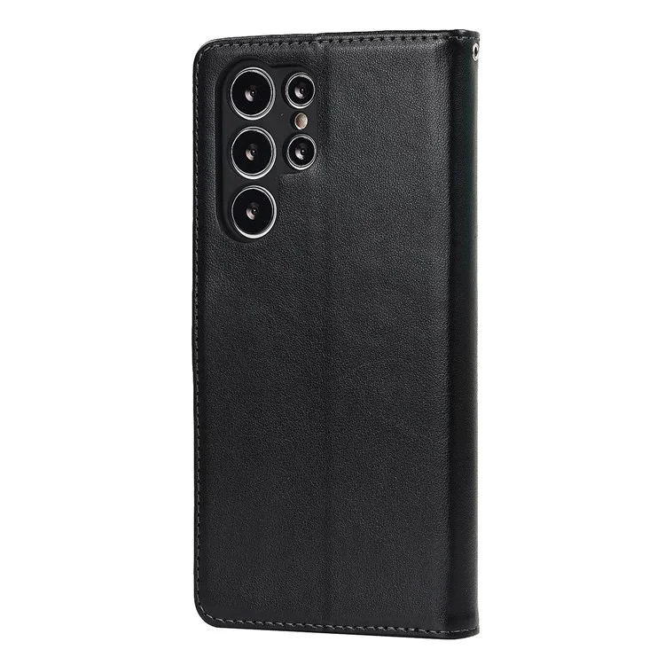 For Samsung Galaxy S22 Ultra 5G Wallet Case R61 Texture Felled Seam PU Leather Anti-Fall Stand Magnetic Phone Cover with Wrist Strap - Black