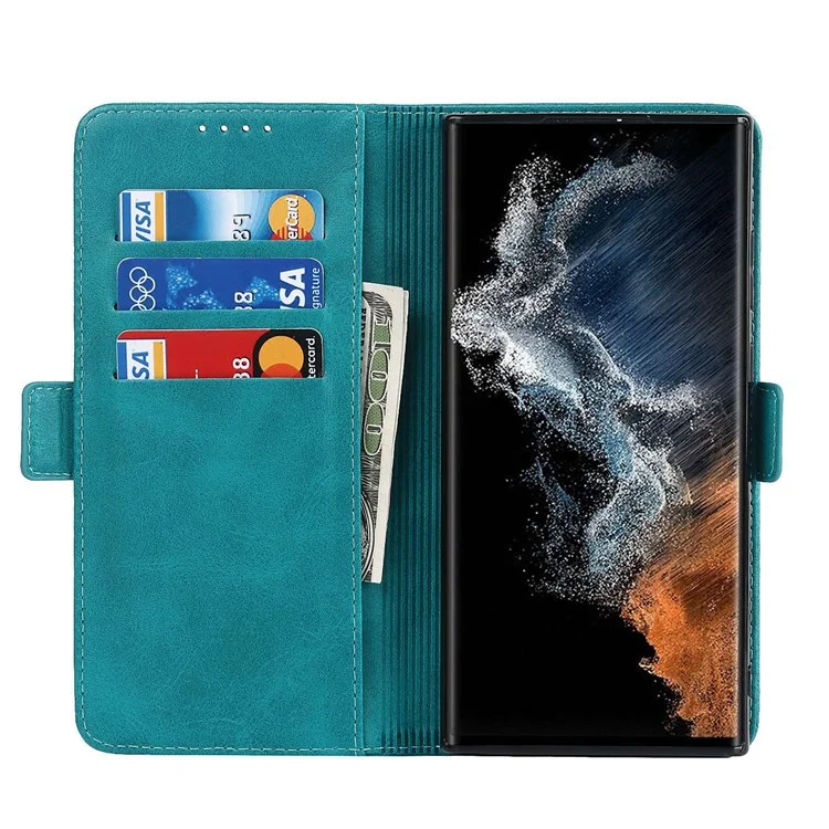 Pour Samsung Galaxy S22 Ultra 5G PU Cuir Flip Portefeuille Bobine de Bracele - Bleu Ciel