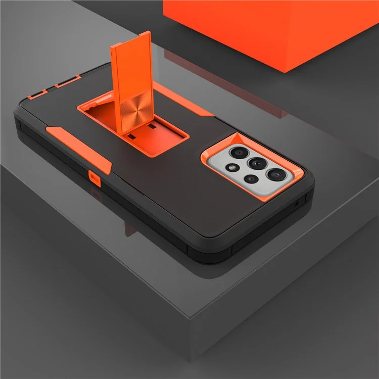 For Samsung Galaxy A52 4G/5G/A52s 5G Kickstand Hard PC + Soft TPU Phone Case with Car Mount Metal Sheet - Black/Orange