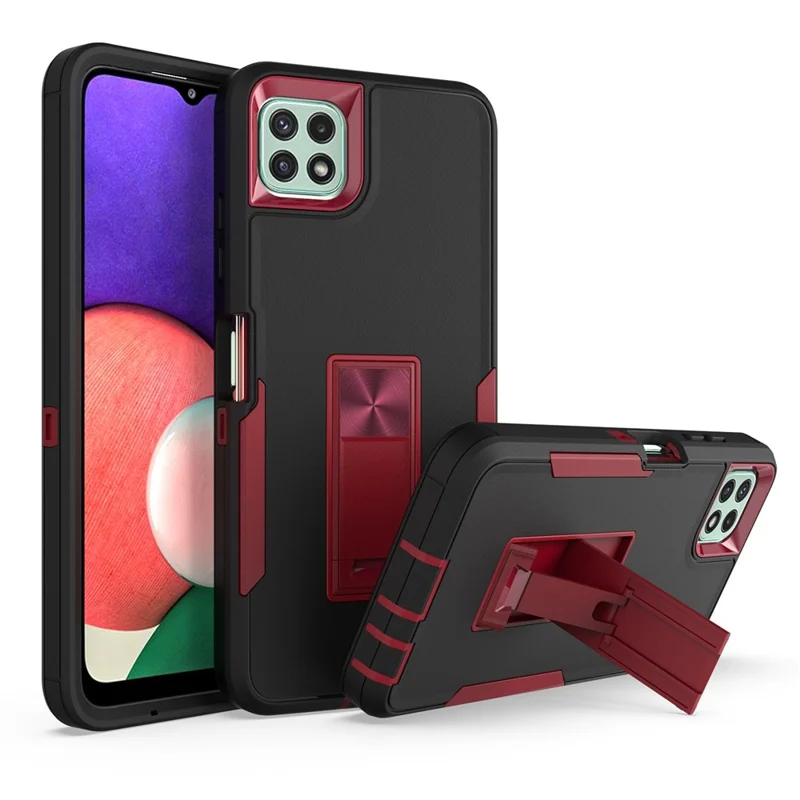 For Samsung Galaxy A22 5G (EU Version) Kickstand Phone Case Hard PC + Soft TPU Anti-drop Cover with Car Mount Metal Sheet - Black/Wine Red
