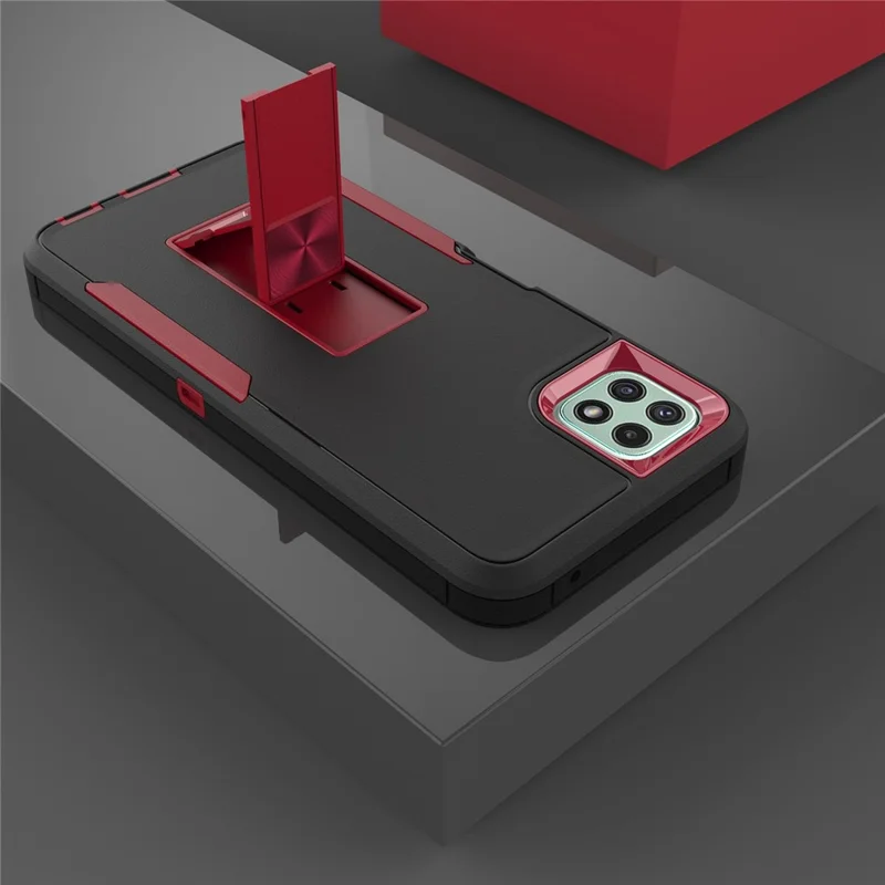For Samsung Galaxy A22 5G (EU Version) Kickstand Phone Case Hard PC + Soft TPU Anti-drop Cover with Car Mount Metal Sheet - Black/Wine Red