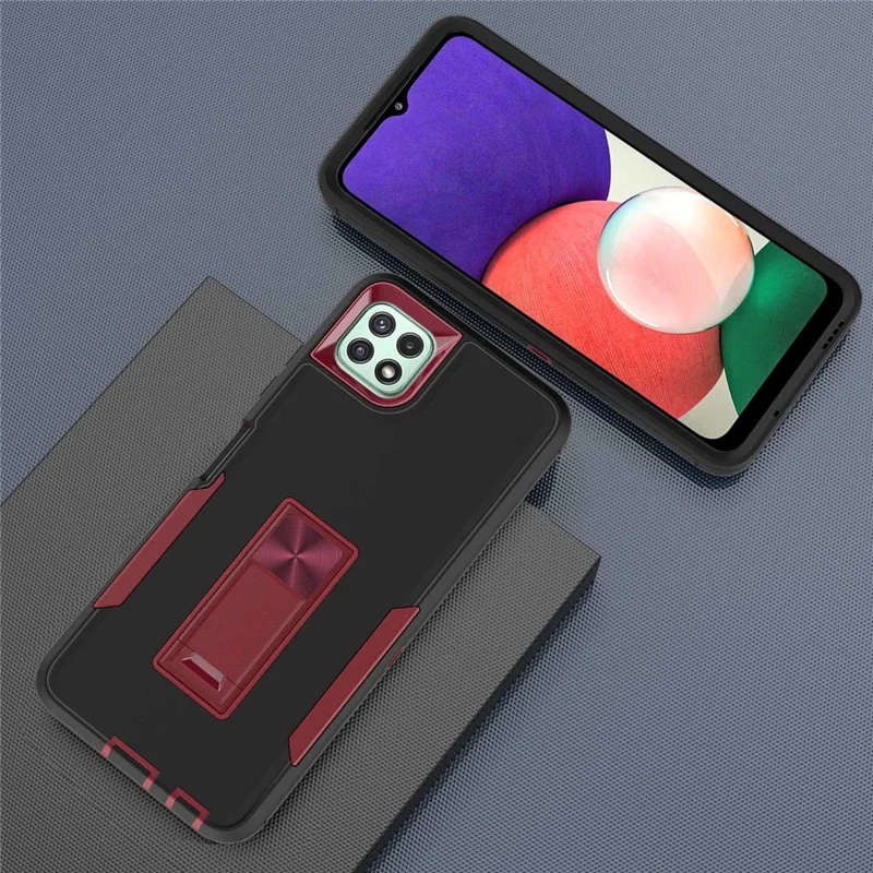 For Samsung Galaxy A22 5G (EU Version) Kickstand Phone Case Hard PC + Soft TPU Anti-drop Cover with Car Mount Metal Sheet - Black/Wine Red