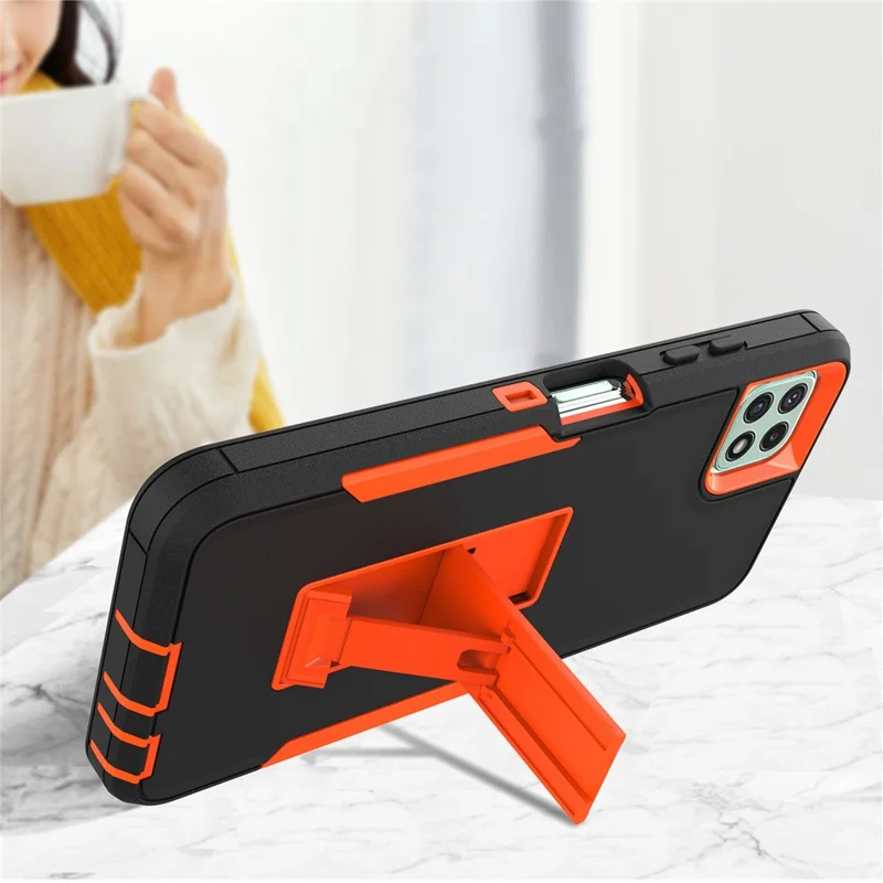 For Samsung Galaxy A22 5G (EU Version) Kickstand Phone Case Hard PC + Soft TPU Anti-drop Cover with Car Mount Metal Sheet - Black/Wine Red