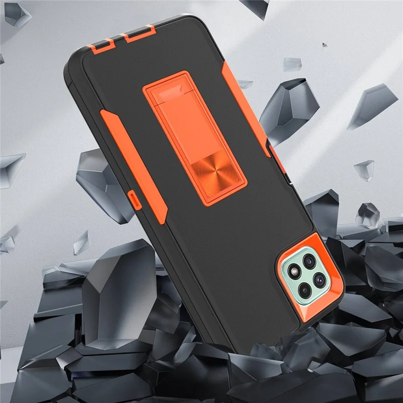 For Samsung Galaxy A22 5G (EU Version) Kickstand Phone Case Hard PC + Soft TPU Anti-drop Cover with Car Mount Metal Sheet - Black/Wine Red