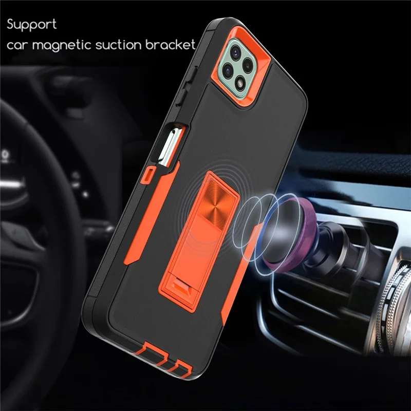 For Samsung Galaxy A22 5G (EU Version) Kickstand Phone Case Hard PC + Soft TPU Anti-drop Cover with Car Mount Metal Sheet - Black/Wine Red