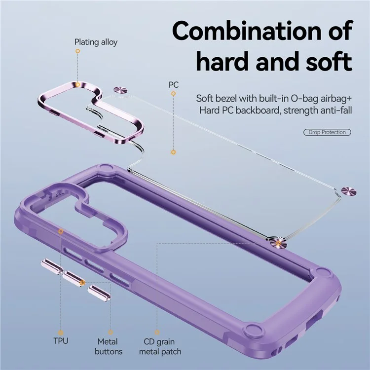 Corner Cushions Phone Case for Samsung Galaxy S22 5G, All-inclusive Protection PC+TPU Hybrid Phone Shell Case - Purple/Purple