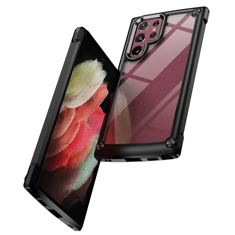 Cell Phone Case for Samsung Galaxy S22 Ultra 5G, Anti-fall PC+TPU Hybrid Well-protected Cover Case with Strap - Black/Black