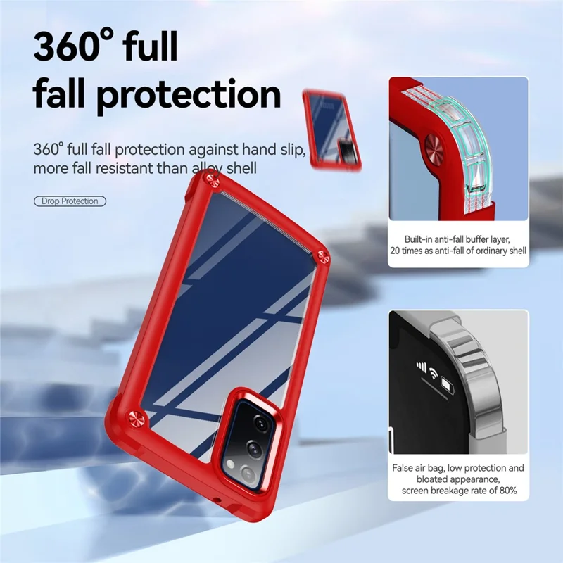 Shockproof Phone Case for Samsung Galaxy S20 FE 2022/S20 FE 4G/5G/S20 Lite, Full Body Protection PC+TPU Hybrid Phone Shell Case with Strap - Red/Red