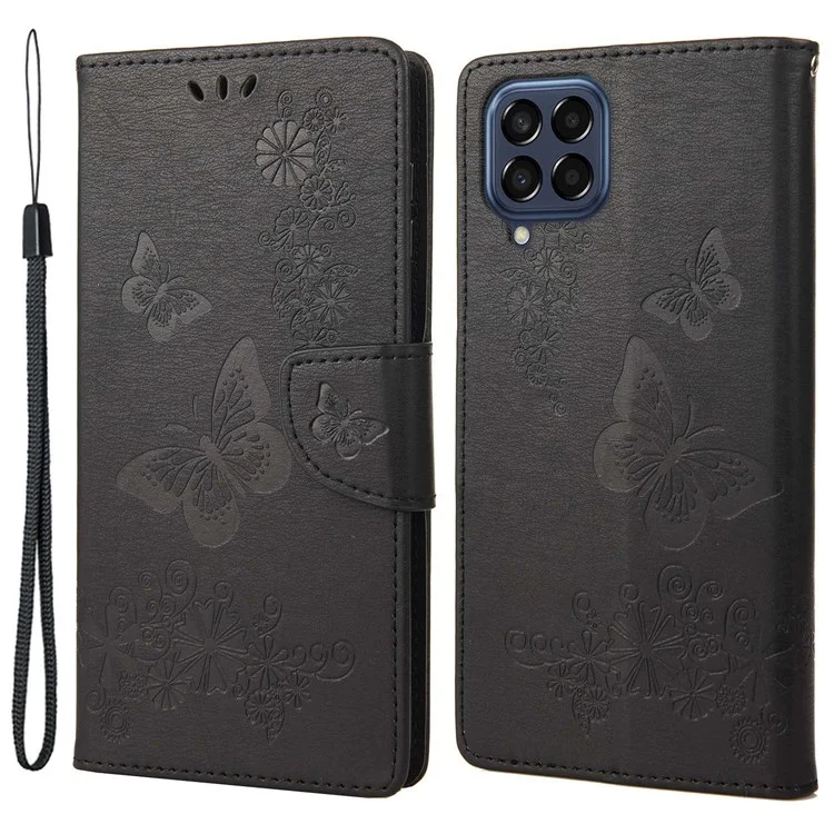 For Samsung Galaxy M33 5G (Global Version) Wallet Case Butterfly Flower Imprinted PU Leather Stand Flip Cover with Hand Strap - Black