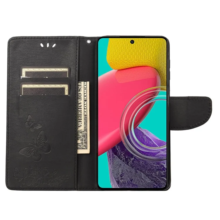 For Samsung Galaxy M33 5G (Global Version) Wallet Case Butterfly Flower Imprinted PU Leather Stand Flip Cover with Hand Strap - Black