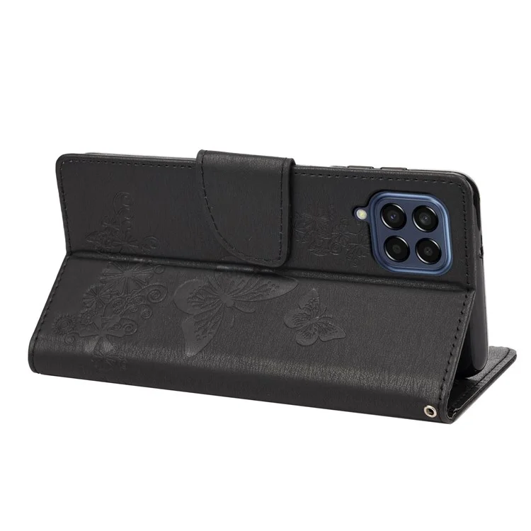 For Samsung Galaxy M33 5G (Global Version) Wallet Case Butterfly Flower Imprinted PU Leather Stand Flip Cover with Hand Strap - Black