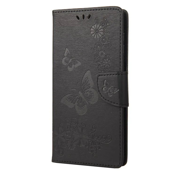 For Samsung Galaxy M33 5G (Global Version) Wallet Case Butterfly Flower Imprinted PU Leather Stand Flip Cover with Hand Strap - Black