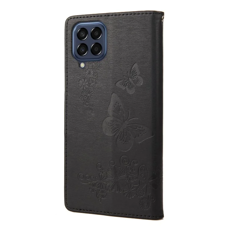 For Samsung Galaxy M33 5G (Global Version) Wallet Case Butterfly Flower Imprinted PU Leather Stand Flip Cover with Hand Strap - Black