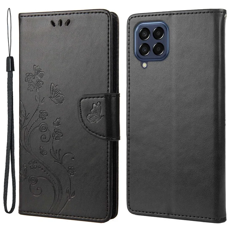 For Samsung Galaxy M33 5G (Global Version) Butterfly Flower Imprinted Wallet Case, PU Leather Foldable Stand Flip Cover with Hand Strap - Black