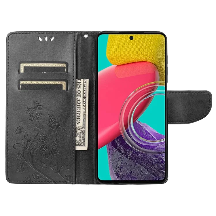 For Samsung Galaxy M33 5G (Global Version) Butterfly Flower Imprinted Wallet Case, PU Leather Foldable Stand Flip Cover with Hand Strap - Black