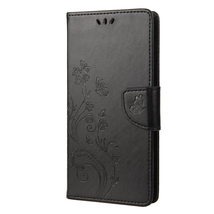 For Samsung Galaxy M33 5G (Global Version) Butterfly Flower Imprinted Wallet Case, PU Leather Foldable Stand Flip Cover with Hand Strap - Black