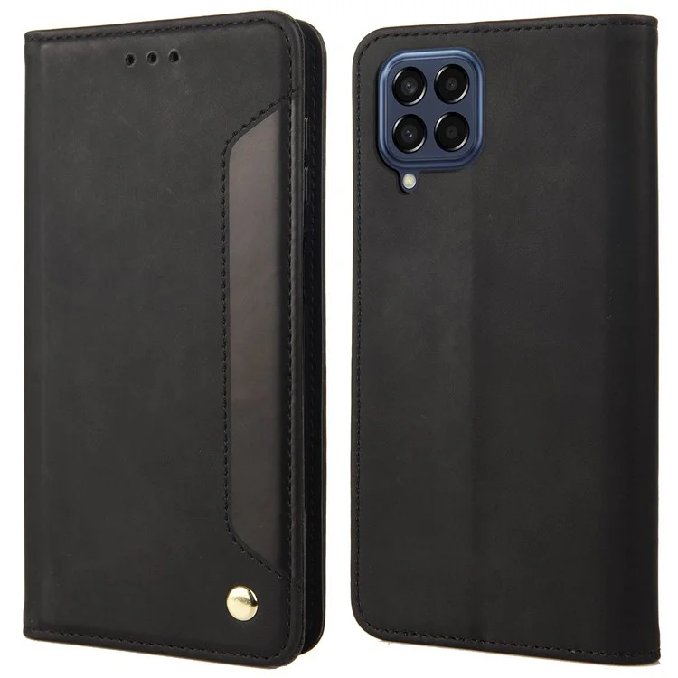 For Samsung Galaxy M33 5G (Global Version) Splicing PU Leather+TPU Skin-touch Feeling Case Stand Magnetic Absorption Flip Folio Wallet Cover - Black