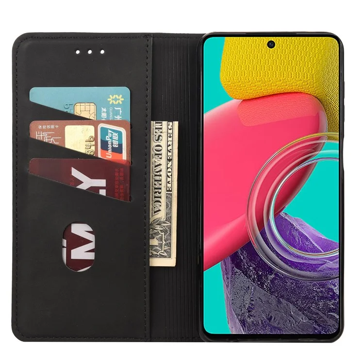 For Samsung Galaxy M33 5G (Global Version) Splicing PU Leather+TPU Skin-touch Feeling Case Stand Magnetic Absorption Flip Folio Wallet Cover - Black