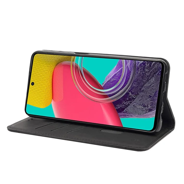 For Samsung Galaxy M33 5G (Global Version) Splicing PU Leather+TPU Skin-touch Feeling Case Stand Magnetic Absorption Flip Folio Wallet Cover - Black