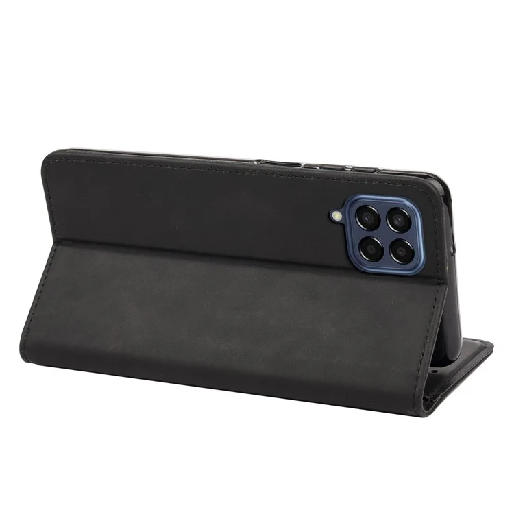 For Samsung Galaxy M33 5G (Global Version) Splicing PU Leather+TPU Skin-touch Feeling Case Stand Magnetic Absorption Flip Folio Wallet Cover - Black