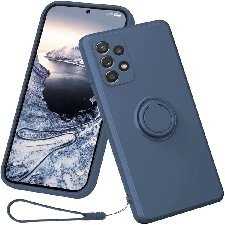 Pour Samsung Galaxy A33 5G Étui de protection en silicone liquide pour téléphone avec support anneau et dragonne - Bleu nuit