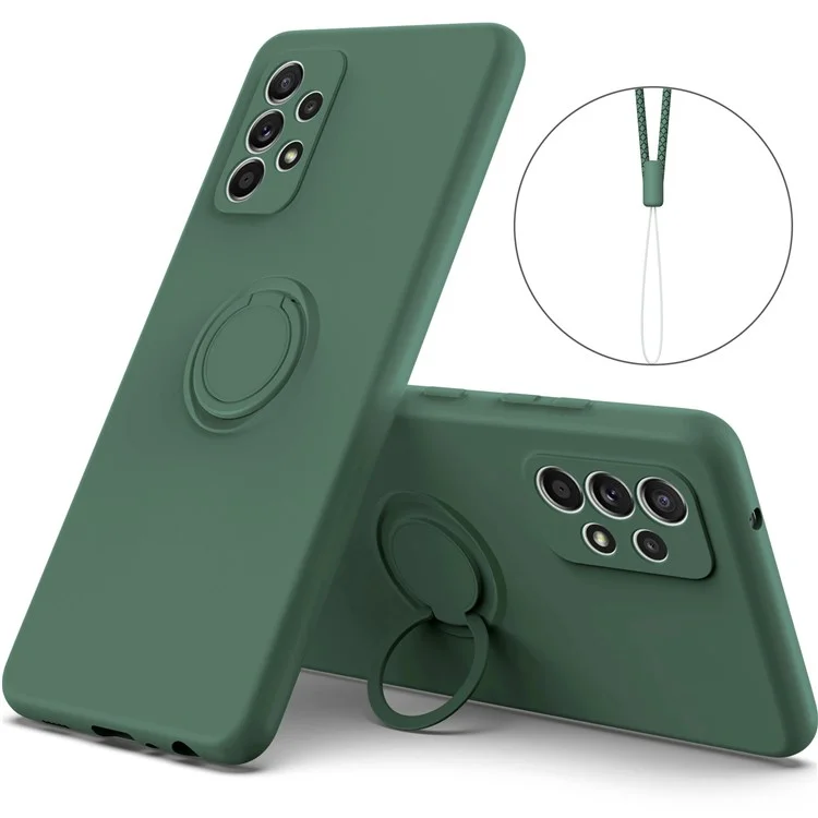 Para Samsung Galaxy A53 5G Ring Kickstand Design Liquid Silicone Phone Case Anti-scratch Cover with Lanyard - Green