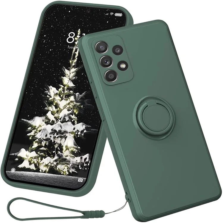 Para Samsung Galaxy A53 5G Ring Kickstand Design Liquid Silicone Phone Case Anti-scratch Cover with Lanyard - Green