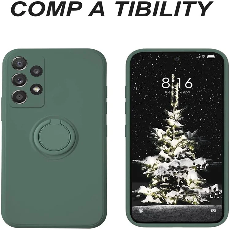 Para Samsung Galaxy A53 5G Ring Kickstand Design Liquid Silicone Phone Case Anti-scratch Cover with Lanyard - Green