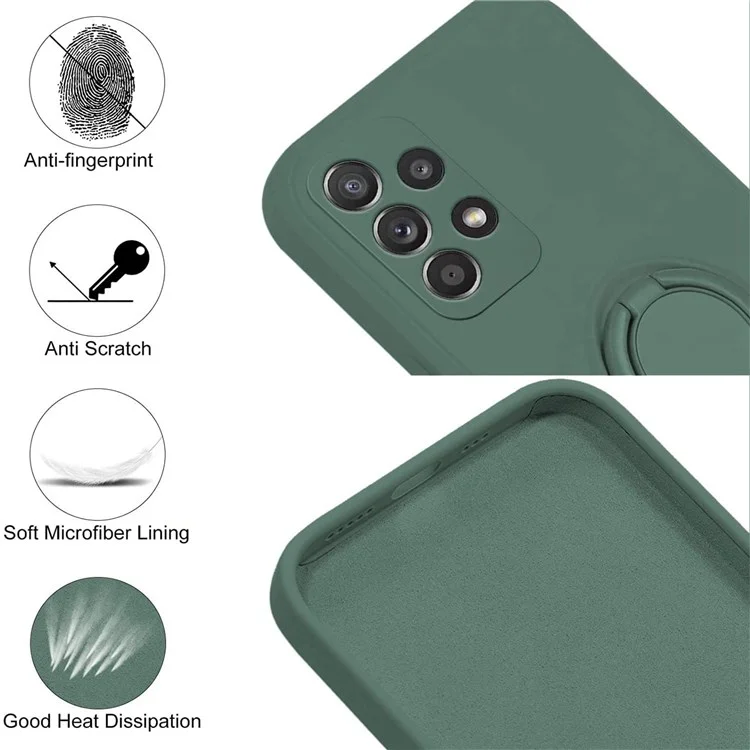 Para Samsung Galaxy A53 5G Ring Kickstand Design Liquid Silicone Phone Case Anti-scratch Cover with Lanyard - Green