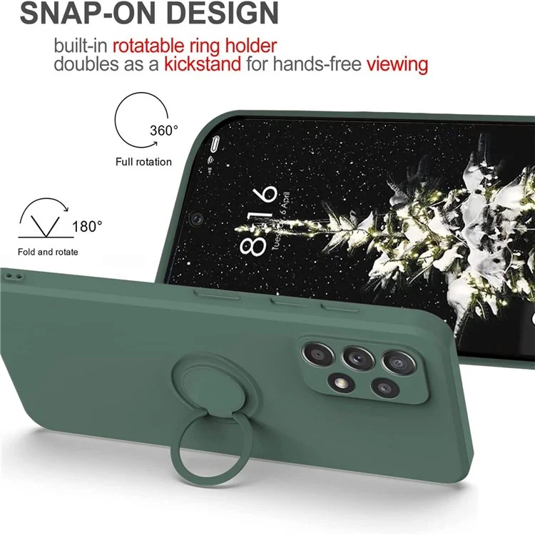 Para Samsung Galaxy A53 5G Ring Kickstand Design Liquid Silicone Phone Case Anti-scratch Cover with Lanyard - Green