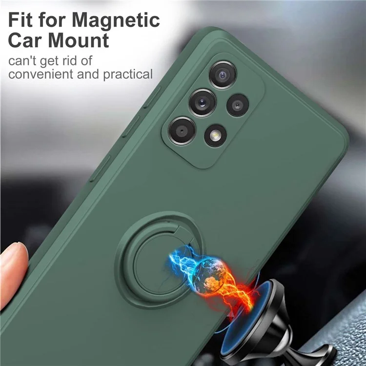 Para Samsung Galaxy A53 5G Ring Kickstand Design Liquid Silicone Phone Case Anti-scratch Cover with Lanyard - Green