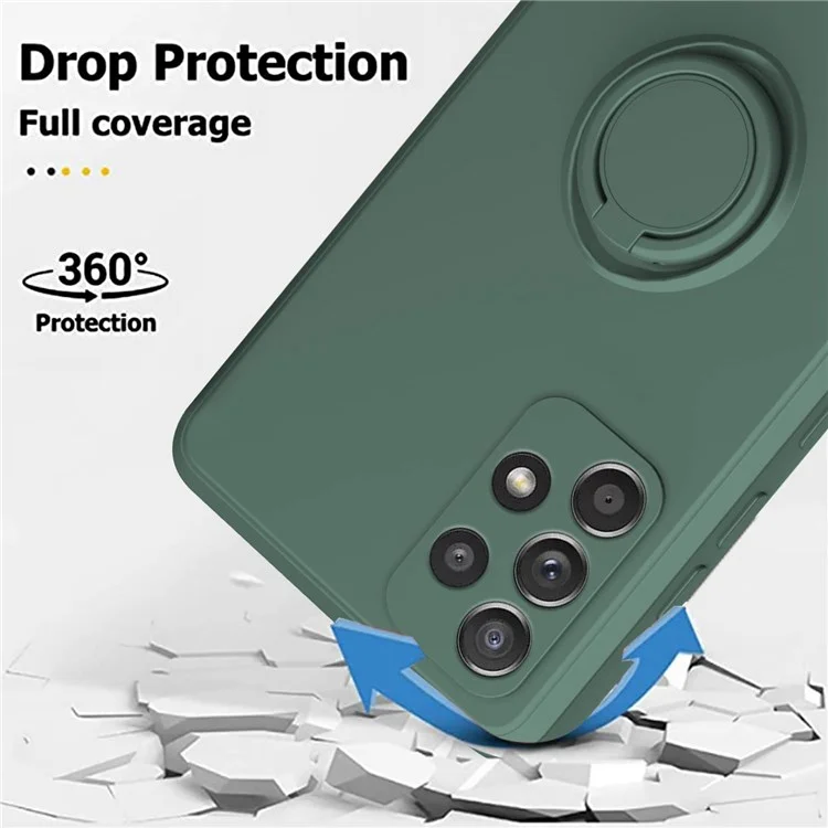 Para Samsung Galaxy A53 5G Ring Kickstand Design Liquid Silicone Phone Case Anti-scratch Cover with Lanyard - Green