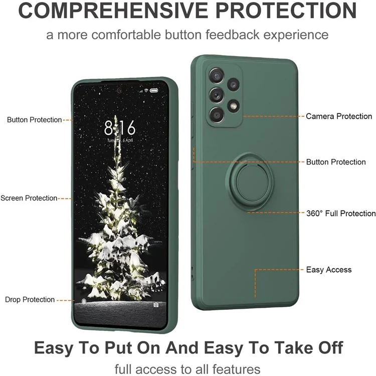 Para Samsung Galaxy A53 5G Ring Kickstand Design Liquid Silicone Phone Case Anti-scratch Cover with Lanyard - Green