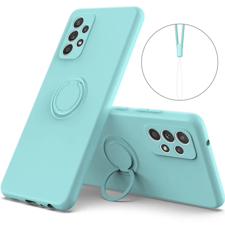 For Samsung Galaxy A73 5G Ring Kickstand Liquid Silicone Phone Case Protective Back Cover with Wrist Strap - Sky Blue