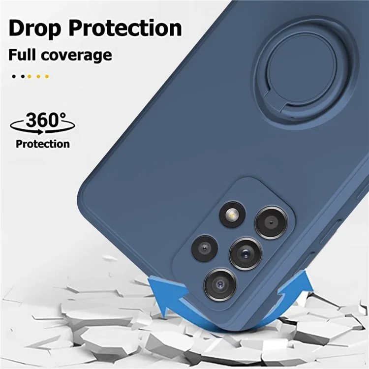 For Samsung Galaxy A73 5G Ring Kickstand Liquid Silicone Phone Case Protective Back Cover with Wrist Strap - Sky Blue