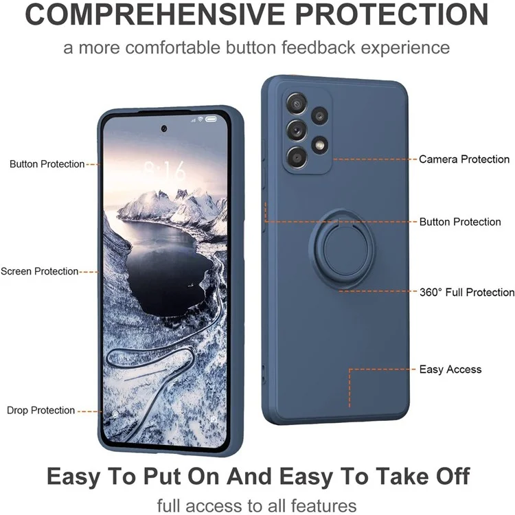 For Samsung Galaxy A73 5G Ring Kickstand Liquid Silicone Phone Case Protective Back Cover with Wrist Strap - Sky Blue